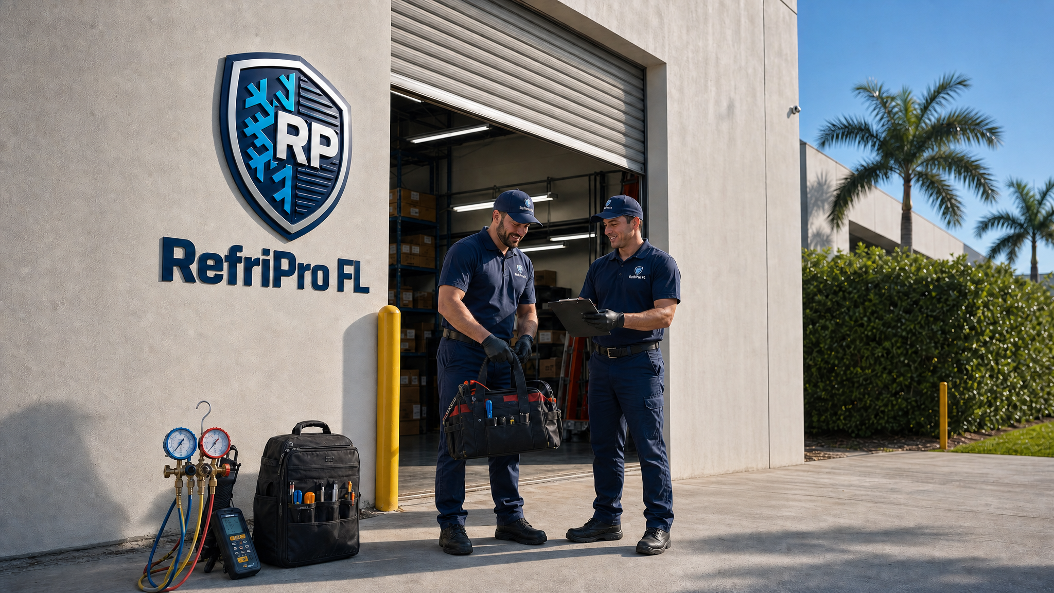 RefriPro FL certified HVAC technicians reviewing diagnostics at South Florida facility