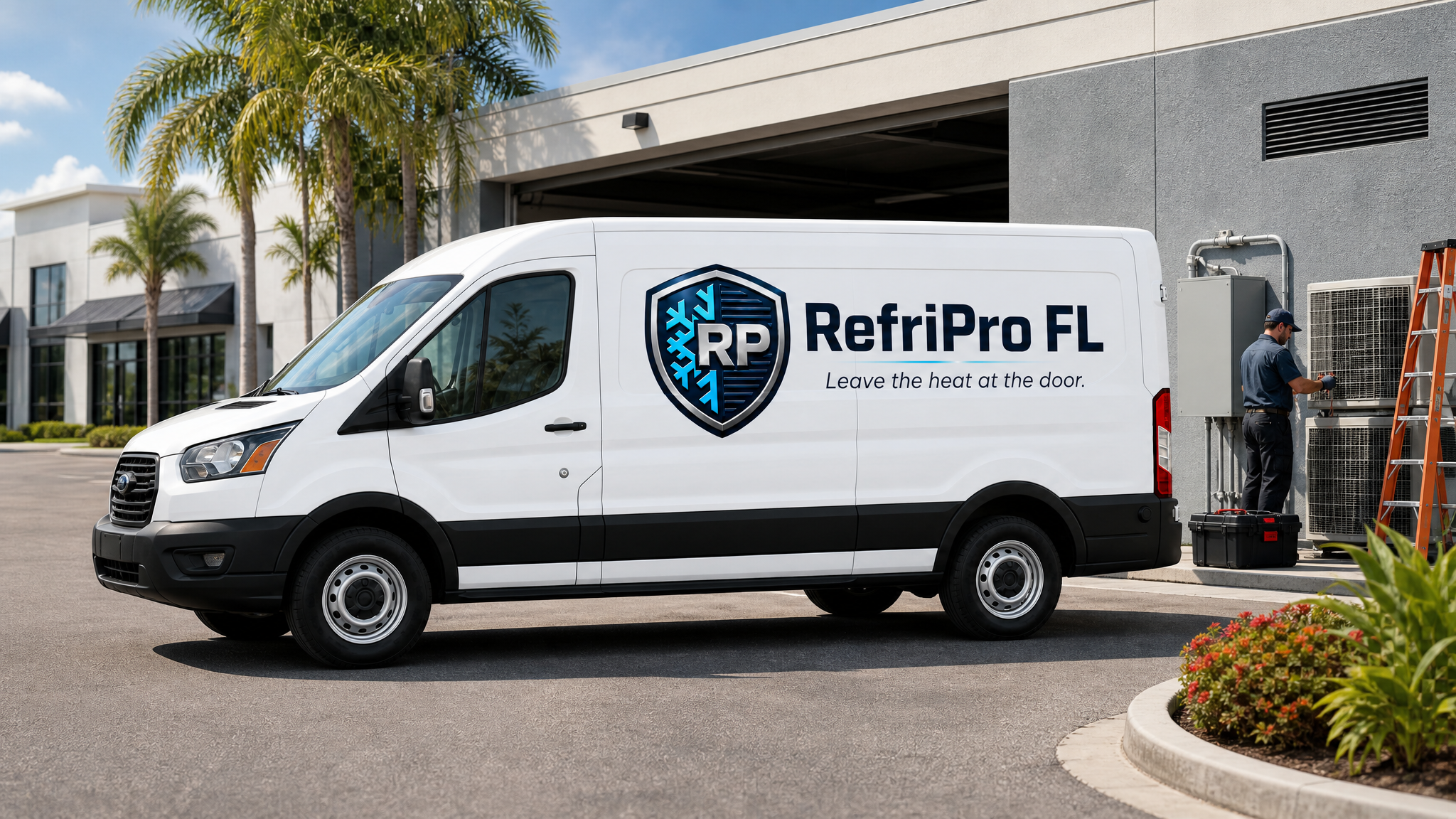 RefriPro FL service van deployed at a commercial HVAC job site in South Florida